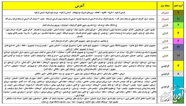 جدول خاموشی&zwnj;های احتمالی تهران از ۲۶ تا ۳۱ تیر ۱۴۰۰